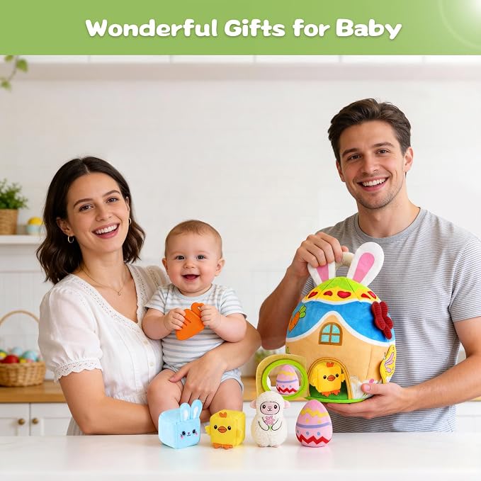 Baby Toys 6-12-18 Months - My First Plush Bunny Burrow with Stuffed Animals, Rattle, Crinkle, Teether, Montessori Sensory Toys for Babies Toddlers 1-3, Baby Block Stacking Toy for Boys Girls Gifts