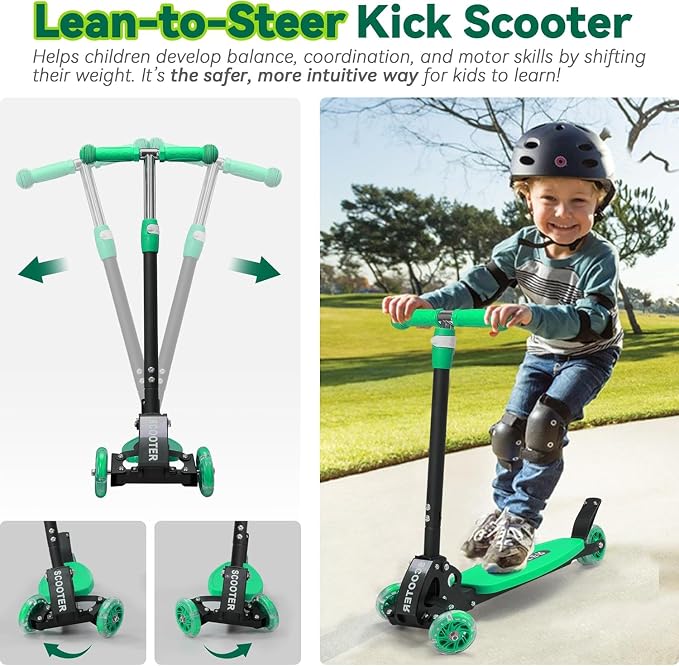 Scooter for Kids Ages 3-5, LED Light Up 3 Wheel Toddler Scooter with 4 Adjustable Heights, Lean-to-Steer Wheels, Safe Metal Brake, Foldable Kick Scooter for Boys Girls, Support 120 lbs, Birthday Gift