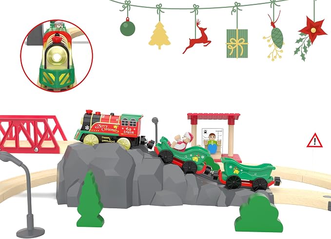 Electric Train Set for Wooden Tracks, Battery Powered Trains Toy with Lights & Sounds for Toddlers, Motorized Train for Kids Compatible with Thomas & Friends, Brio, Chuggington