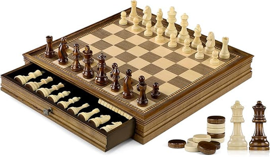 Peradix Magnetic Chess and Checkers Set with 2 Built-in Storage Drawers,15" Classic 2 in 1 Wooden Board Games, Magnetic Chess Pieces, 2 Extra Queens, Luxury Chess Set for Adults and Kids Gift Package