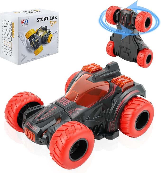 Friction Powered Flip Stunt Car, Push and Go Toy Car with 360° Upright Spin, Dual-Sided Rotating Off-Road Vehicle, Toy Car for Boys & Girls Ages 3+, No Batteries Required, (Red)