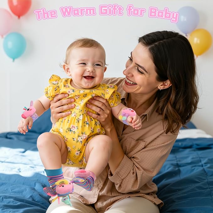 Baby Toys 0-6 Months, Rattle Socks and Wrist Sensory Toys for Infants, Socks and Foot Finder Set with Sound for Babies 6-12 Months, 0-12 Months Newborn Essentials Toy, Baby Girl Shower Gifts - Pink