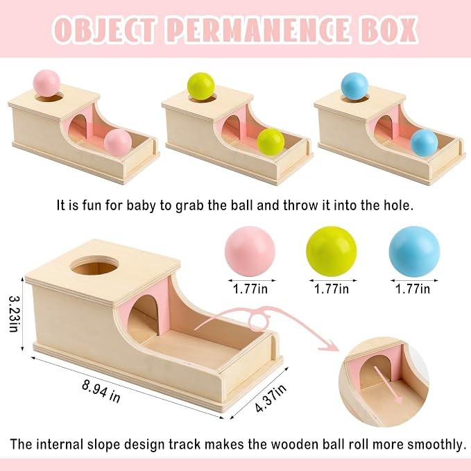 Busy edition Montessori Toys for 1 Year Old, Wooden Object Permanence Box with Tray Three Balls, Preschool Infant Toys 6-12 Months Developmental, 9 Month Old Baby Toys, Cause and Effect Ball Drop Toy