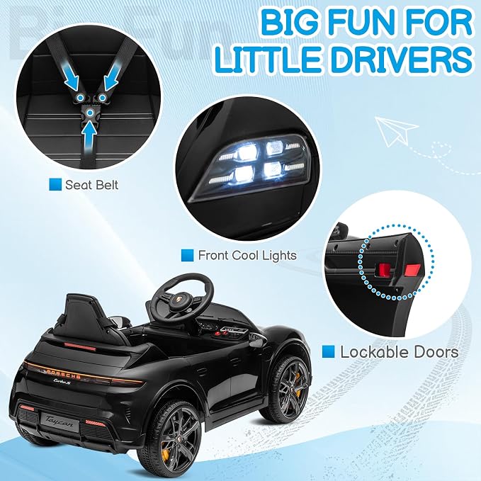 Winado 12V Kids Ride on Car, Licensed Porsche Taycan Electric Car for Toddlers, Battery Powered Ride on Vehicle W/Remote Control, with Bluetooth, 3 Speeds, LED & Rear Lights, Music & Horn (Black)