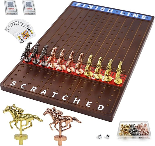Jyquorp Horse Race Board Game Wooden Kentucky Derby Party Game Set with 11 Metal Horses, 2 Dice & 2 Card Decks, Large Solid Wood Horse Racing Board Game for Family & Adults (15.6" x 10")