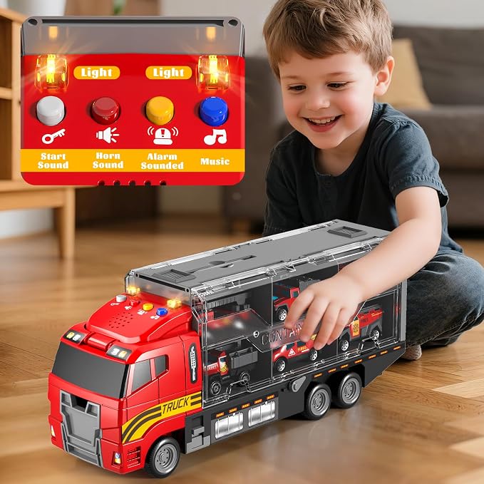 Toddler Boys Fire Truck Set: Fire Car Toy for Boy 3 4 5 6 Years Old | with Play Mat and Die-Cast Toy Car | Birthday Gifts Toys for 3-8 Year Old Boys | Girl Toys Cars with Light and Sound
