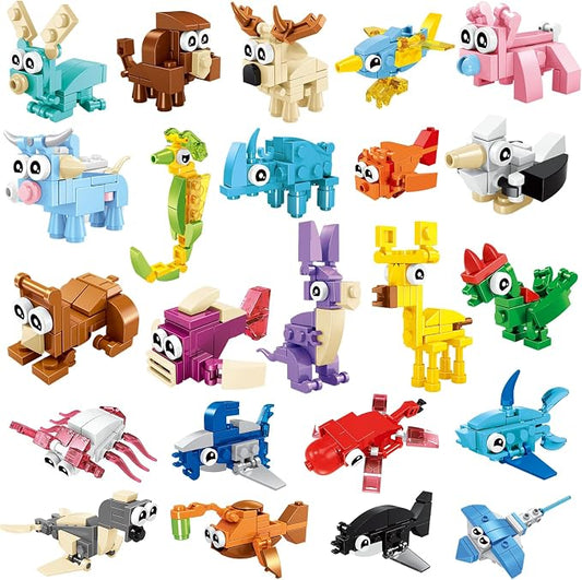 BRICHBROW 24 Pack Mini Animal Building Blocks - STEM Party Favors for Kids Ages 6-12, Educational Building Toys for Birthday Gifts, Classroom Prizes, Goodie Bag Stuffers & Stocking Fillers