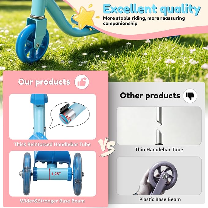 Three Wheel Scooter for Kids 2-5, Light Up Princess Scooters with Handleber-Steer, Adjustable Height Kick Scooters for Boys & Grils, Indoor and Outdoor Use