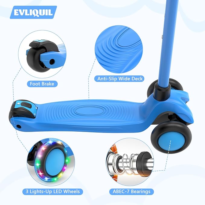 Kids Scooter,Lighted Wheels and 3 Adjustable Height Handlebars Scotters for Kids 3-12,3 Wheel Toddler Kick Scotter for Boys & Girls up to 132 Lbs.