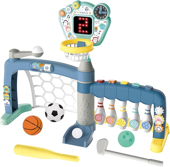 5-in-1 Toddler Sports Toys Activity Center: Includes Basketball Soccer Bowling Baseball Golf, Toddler Basketball Hoop Indoor with Adjustable Height 1-3 Year Old Boys Girls Toys, Toddlers & Baby Gift