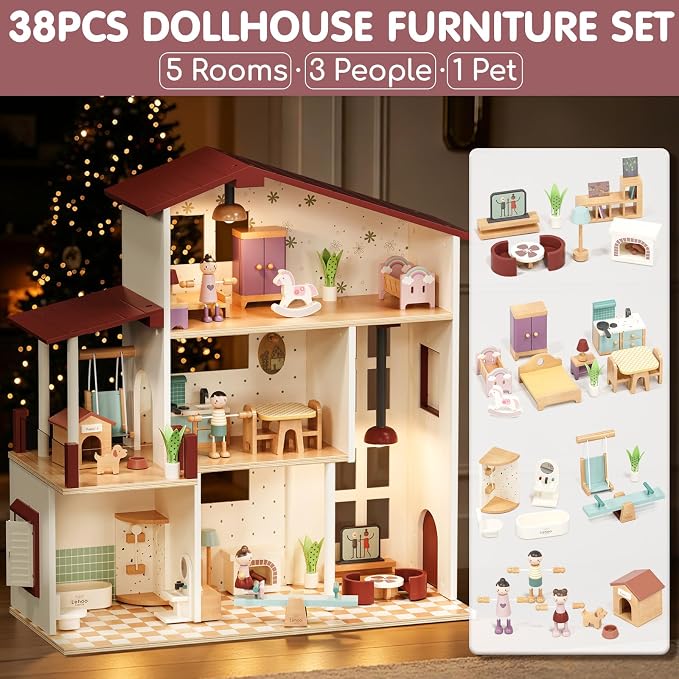 Lehoo Castle Wooden Dollhouse for Girls, Realistic Doll House with 5 Rooms & 38 Accessories, DIY Pretend Play Dream Dollhouse with Doll and Furniture, Ideal Creative Gift for Ages 3+