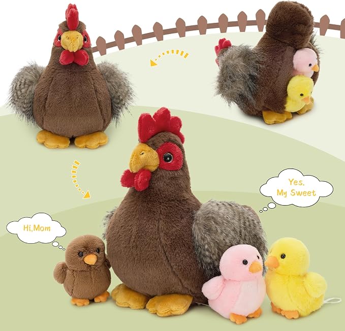 4 Pcs Easter Chicken Plush Set, Mom Hen Stuffed Animal with 3 Stuffed Wind Up Chicks Toy in Mother Chicken's Belly, Christmas Birthday Gift for Kids Girls Boys, Animal Theme Party Decor
