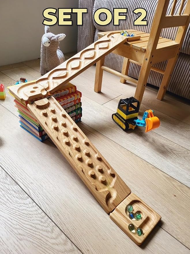 Wooden Marble Run Track Set of 2 Wind+Rocks Race Machine Set Wooden Maze Board Ball Run Montessori STEM Toy Gift for Kids Wave Course Winding Roller Track Game (Rocks+Whirlpol)
