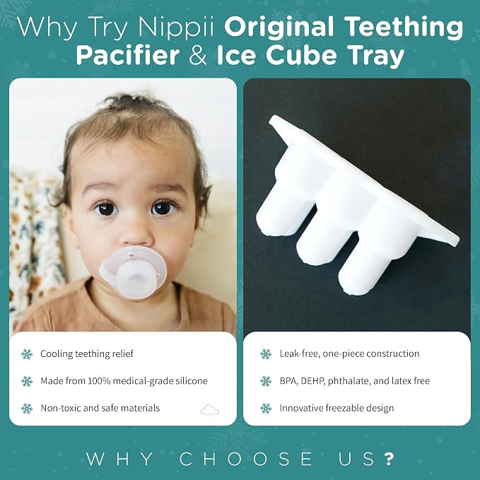 Nippii Freezable Pacifier & Ice Cube Tray, Baby Teether Toys 0-9 Months | Hands-Free, Medical-Grade Silicone, Water-Fillable, Cold. Includes Ice Cube Tray. Made in USA, CPSC Compliant, BPA Free