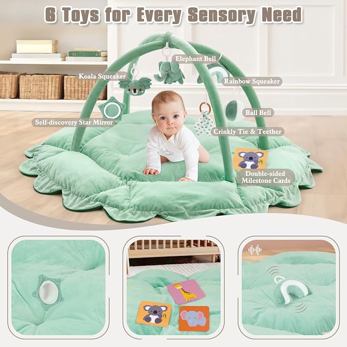 5-in-1 Plush Baby Play Gym, Activity Mat with Convertible Gym, Baby Gym 6 Sensory Toys, Play Center for Newborn to Toddler, Light Green