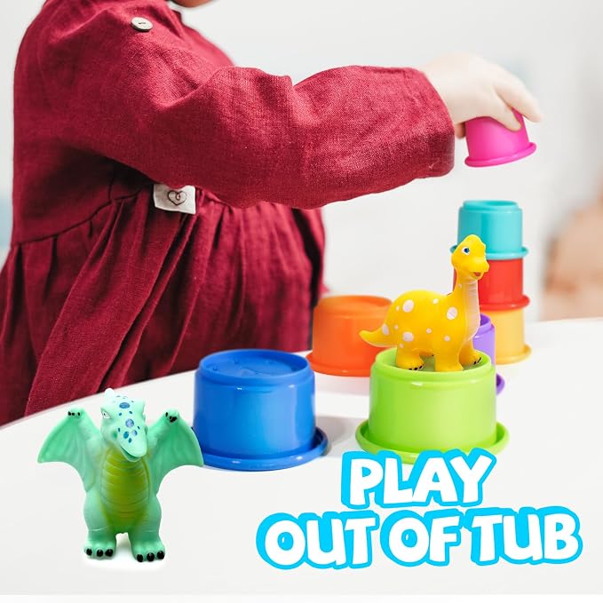 Hely Cancy No Hole Baby Dinosaur Bath Toys for Toddler, Mold Free Kids Bathtub Pool Toys (Dino+Cup)