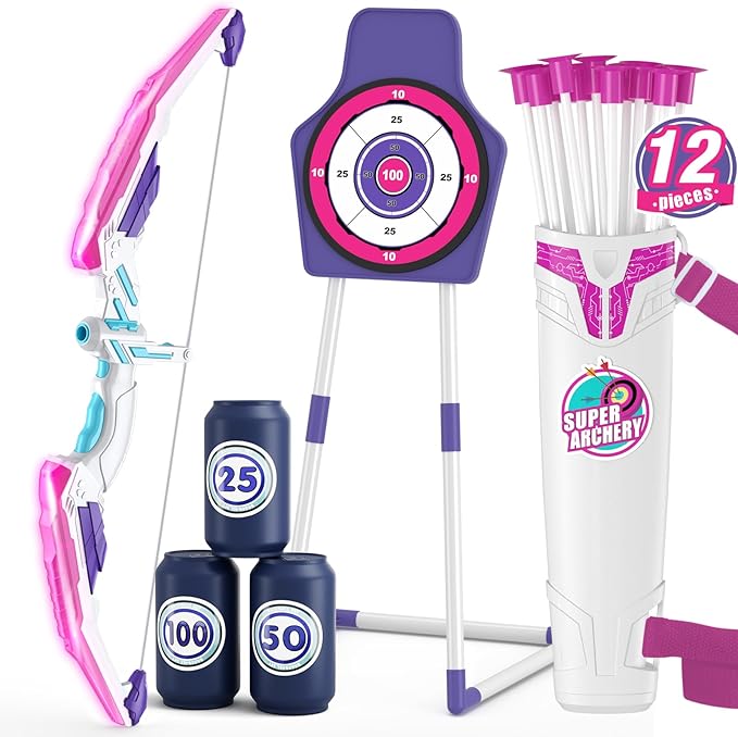 HYES Bow and Arrow for Kids 4-6, LED Light Up Archery Set with 12 Suction Cup Arrows, 1 Standing Target, 3 Score Targets&1 Quiver, Indoor Outdoor Sport for Boys Girls Ages 8-12, Purple