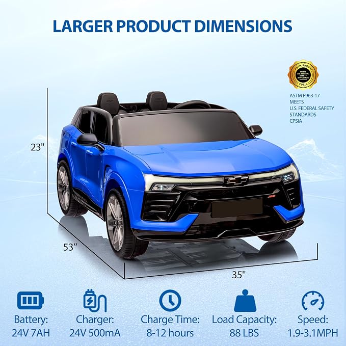2-Seater 24V Electric Car for Big Kids, Licensed Blazer Chevrolet Ride on Car w/Parent Remote Control, Music, Headlights & Spring Suspension, Battery Powered Ride-on Toy for Kids Ages 3-8, Blue