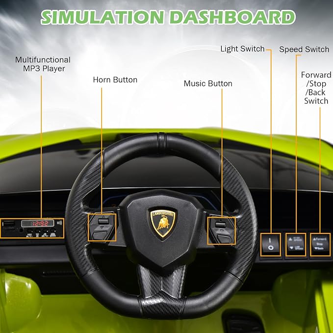 INFANS 12V Licensed Lamborghini Sian Kids Ride On Car with Parent Remote Control, Spring Suspension, MP3 Player, Electric Toy Roadster Carbon Fiber Textured for Toddler (Green)
