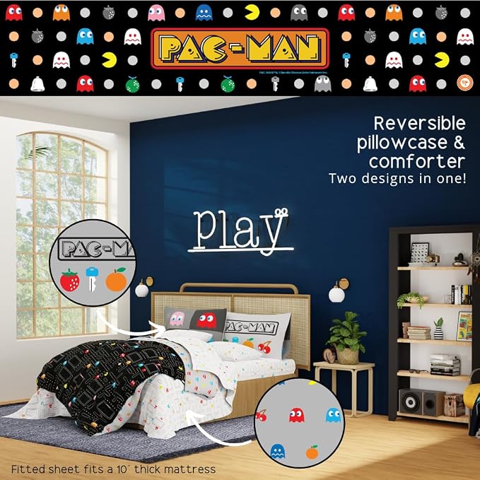 Pac-Man Gaming Bedding 7 Piece Super Soft Cozy Reversible Comforter and Sheet Set with Sham, Full, (Officially Licensed Product) By Franco