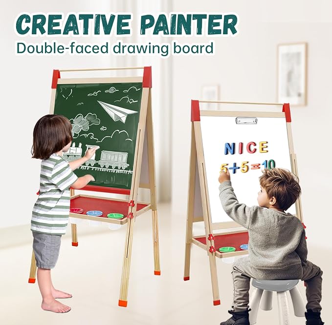 Double-Sided Chalk & White Board Magnetic Art Easel for Kids, Adjustable Height Wooden Easel with Alphabet Numbers, Paper Roll, Educational Toys for Toddlers