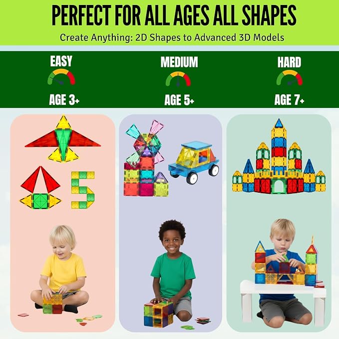 Magnetic Tiles 150 PCS with 2 Cars Bases, STEM Magnet Building Tiles for Kids Ages 3-12, Educational Building Magnets Toys, Creative Construction, Preschool Learning & Play for Childs