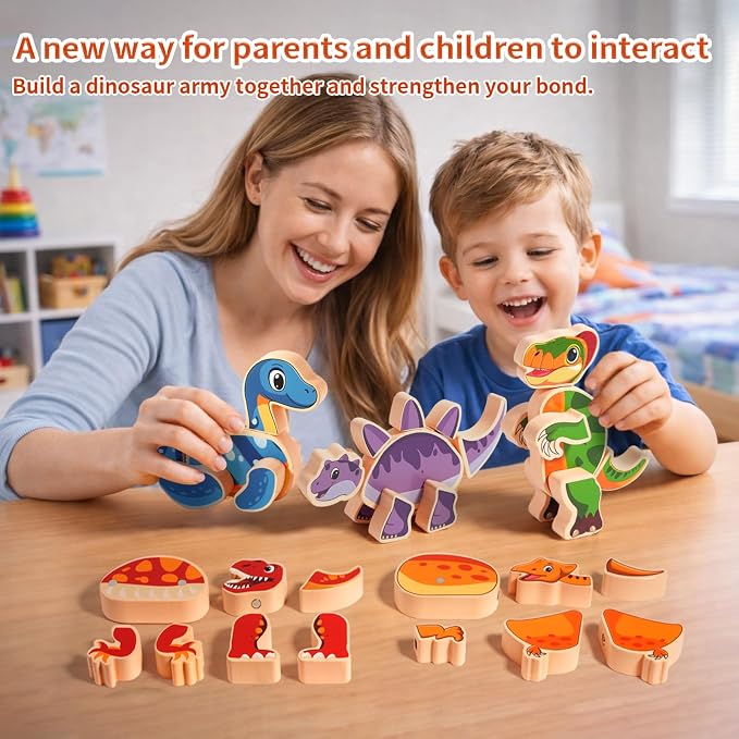 INIFEIDALA Magnetic Wooden Dinosaur Building Blocks,Take Apart STEM Montessori Educational Toy,Fine Motor Skills Development Ages 3-6,Hand-Eye Coordination
