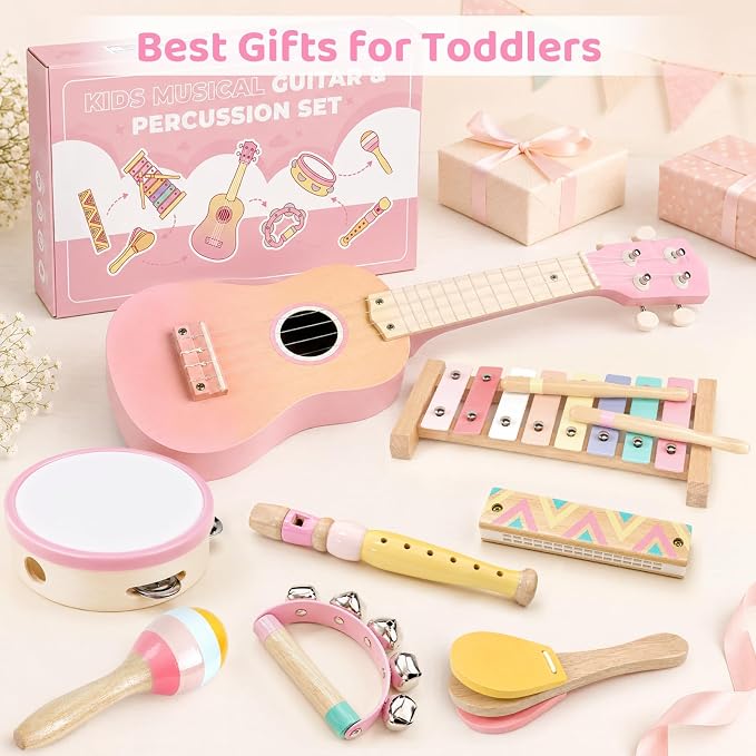 Pink Kids Guitar Set - 8 in 1 Toddler Musical Instruments,Montessori Wooden Ukulele Xylophone Tambourine Maracas Flute,Toy Guitar for Toddler Girl Ages 1-3, Toddler Girl Gifts for 2 Year Old