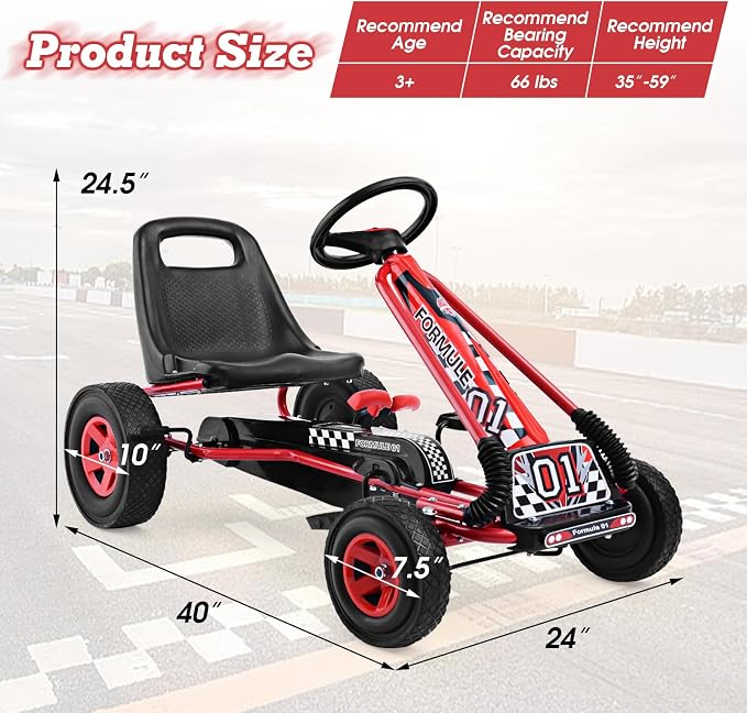Costzon Go Kart for Kids, 4 Wheel Off-Road Pedal Go Cart w/Adjustable Seat, 2 Safety Brakes, EVA Rubber Tires, Ride-On Toys for Boys Girls, Outdoor Racer Pedal Car (Red, 40" L x 24''W x 24.5''H)