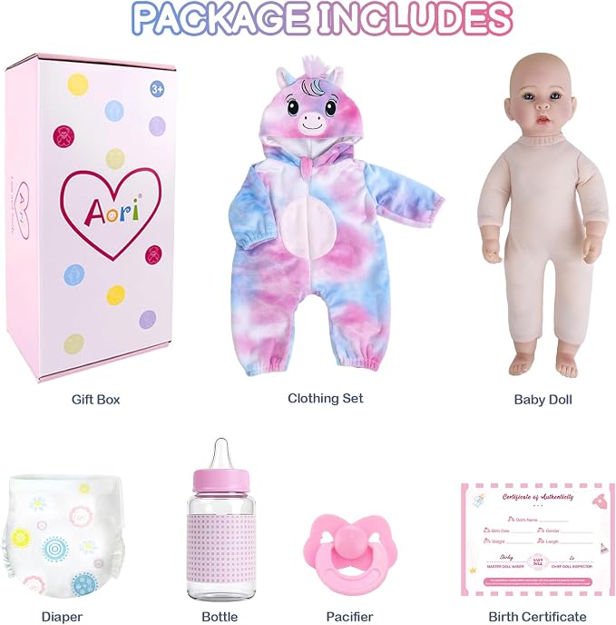 Aori 17 Inch Lifelike Baby Dolls Realistic Baby Girl Doll with Soft Lightweight Body, Colorful Pony Outfit & Feeding Accessories, for Girls Age 3+