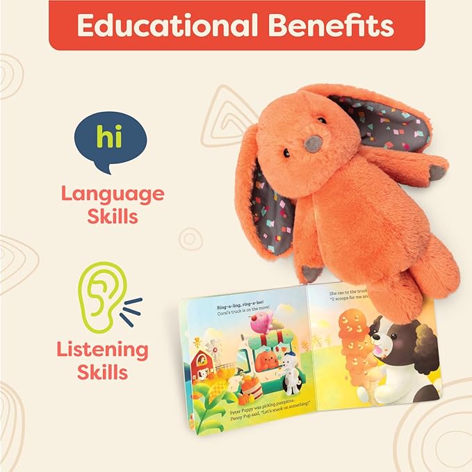 B. toys – 12-Inch Plush Bunny + Board Book Playset – Stuffed Animal – Baby Playset – Toys for Babies – Happy Hues – Coral Cutie – 0+ Months