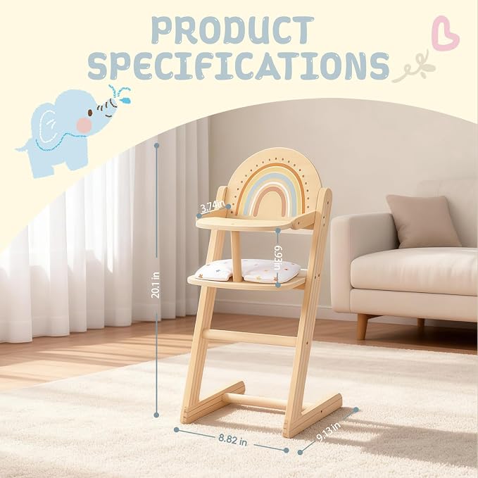Freniland Wooden Doll High Chair with Cushion, Pretend Play Baby Doll Feeding Chair, Fits 18–20 Inch Dolls, Natural Wood Color for Girls Ages 3+