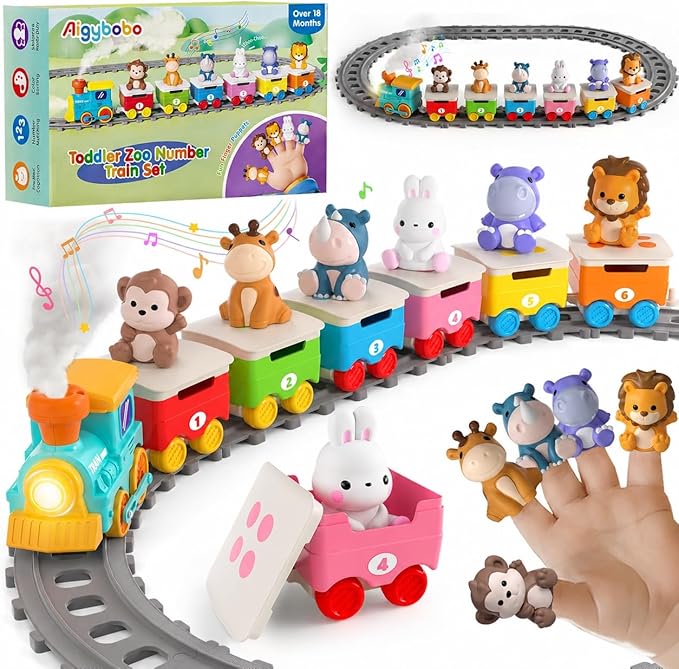 Zoo Animal Train Toys for Toddlers 2-4, Kids Electric Train Set with Music, Steam & Lights, Montessori Learning Toys with Finger Puppets, Christmas Birthday Gifts for Boys Girls Age 18 Months+