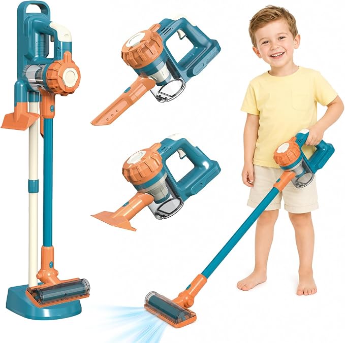 3-in-1 Kids Vacuum that Really Works - Toddler Vacuum Cleaner with Real Suction, Pretend Play Housekeeping & Cleaning Toy Set for Kids Ages 3+ (Blue)