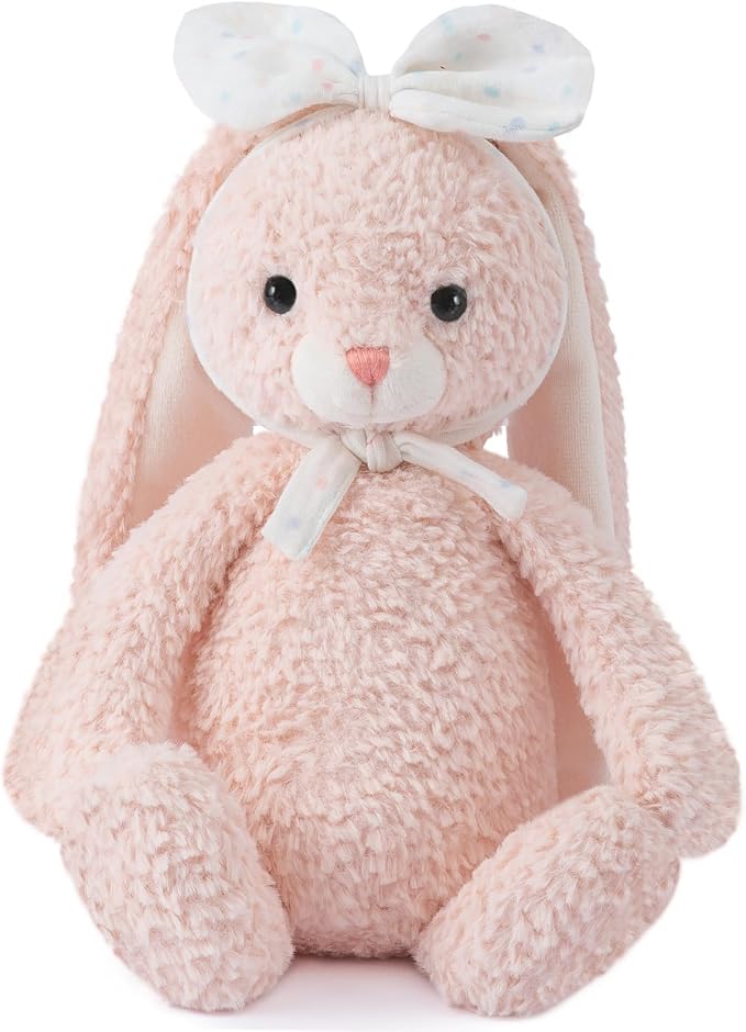 Bunny Stuffed Animal Soft Rabbit Cuddly Toy 10'' Long - Eared Plush Bunny with White Bow Headband Plush Toys for Babies and Toddlers