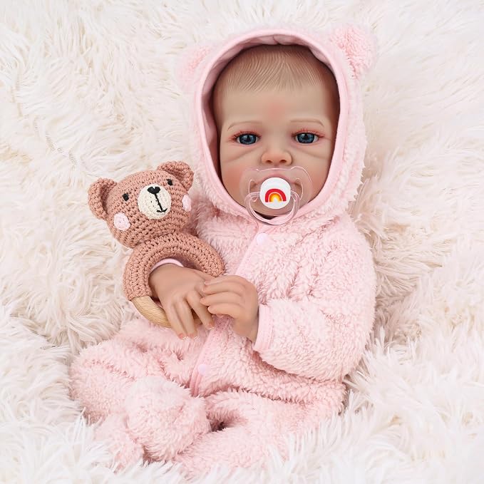WOOROY Realistic Reborn Baby Dolls Girl- 20 Inch Lifelike Reborn Baby in Pink Plush Outfit, Real Life Baby Doll Handmade Collectible Gift with Accessories Set for Kids 3+