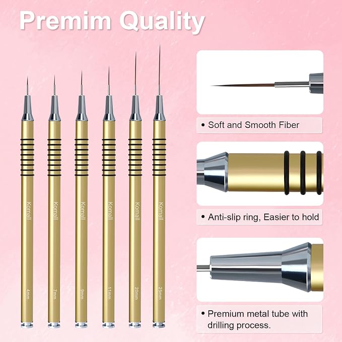 Komall Metallic Nail Art Brushes, 6Pcs Non Slip Liner Brush Set, UV Gel Polish Painting Art Design Pen for Long Lines, Thin Details, Fine Drawing Sizes 5/7/9/11/20/25mm(Gold)