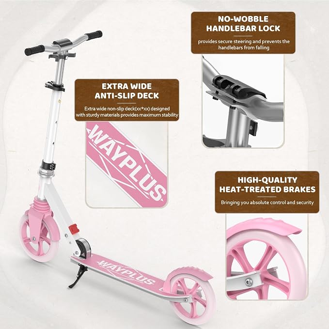 WAYPLUS KS1 Kick Scooter for Ages 6+,Kid, Teens & Adults. Max Load 240 LBS. Foldable, Lightweight, 8IN Big Wheels for Kids, Teen and Adults, 4 Adjustable Levels. Bearing ABEC9 FED Fitness