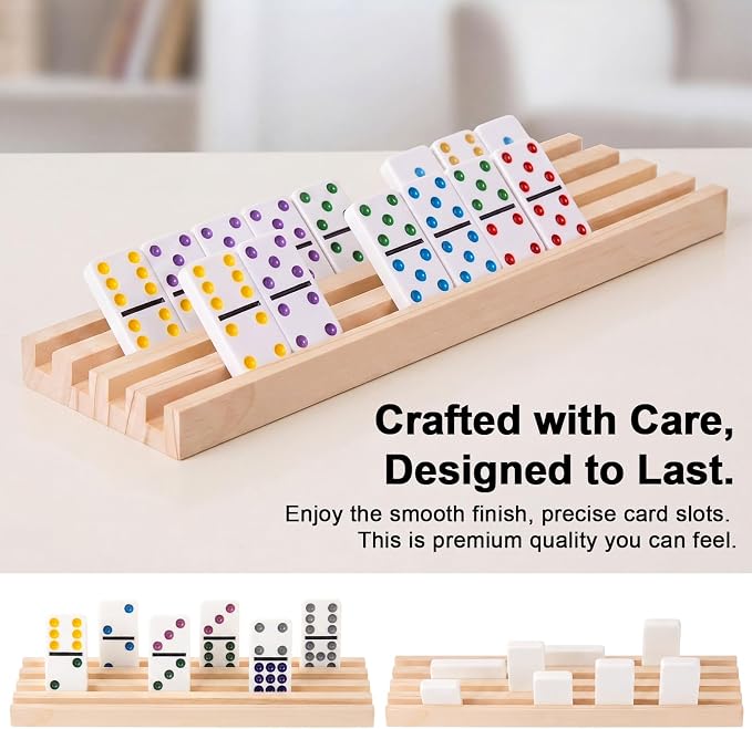 Soulchen Natural Wood Color Wooden Domino Racks Set of 4, Wood Domino Tiles Trays Holders Organizer for Mexican Train Classic Board Accessories, Dominoes Not Included (12 x 3.6 Inch)