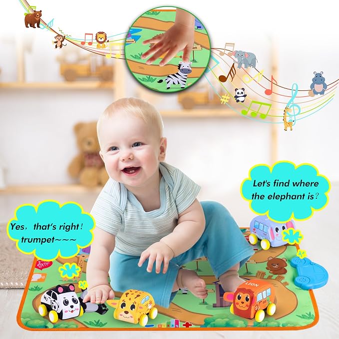 Jetbotell Soft Pull Back Vehicle & Music Mat Set for Toddler Toys 1-3 | New Interactive Mode | 4 Cute Animal Cars | Touch Play Blanket | 3 Nursery Rhyme | 8 Animal Finding Problems | Safe Portable