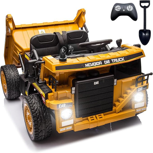 NEWQIDA 24V Ride on Dump Truck, Electric Car for Kids with Remote Control, Kids Ride on Toys Construction Vehicles w/Electric Dump Bed, Shovel, Powerful Motors, EVA Tires, Soft Start, 2 Seater, Yellow