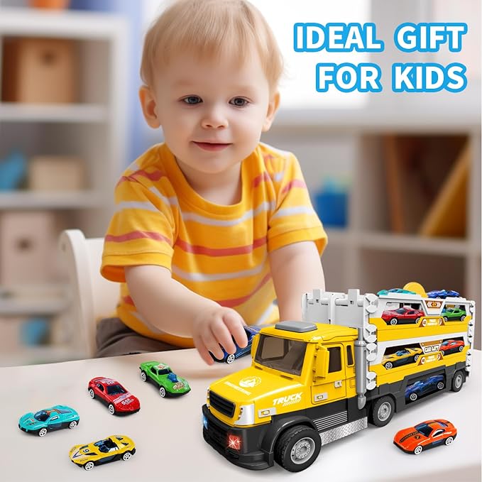 DOWELLIN 6 in 1 Transport Truck Toys for Kids, Police Trucks Carrier Cars with 6Pcs Metal Race Car with Light&Sounds, Toddler Vehicles Toys Gifts for Boys Girls Age 3 4 5 6 7 8-Yellow