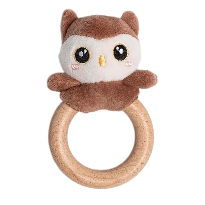 Pearhead Owl Wooden Baby Teether – Soft Plush Lovey with Natural Wood Rattle Ring, BPA-Free, Soothes Infant Gums, Multi-Sensory Newborn Essential for Boys and Girls, 0+ Months