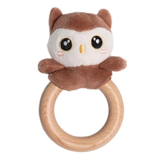 Pearhead Owl Wooden Baby Teether – Soft Plush Lovey with Natural Wood Rattle Ring, BPA-Free, Soothes Infant Gums, Multi-Sensory Newborn Essential for Boys and Girls, 0+ Months