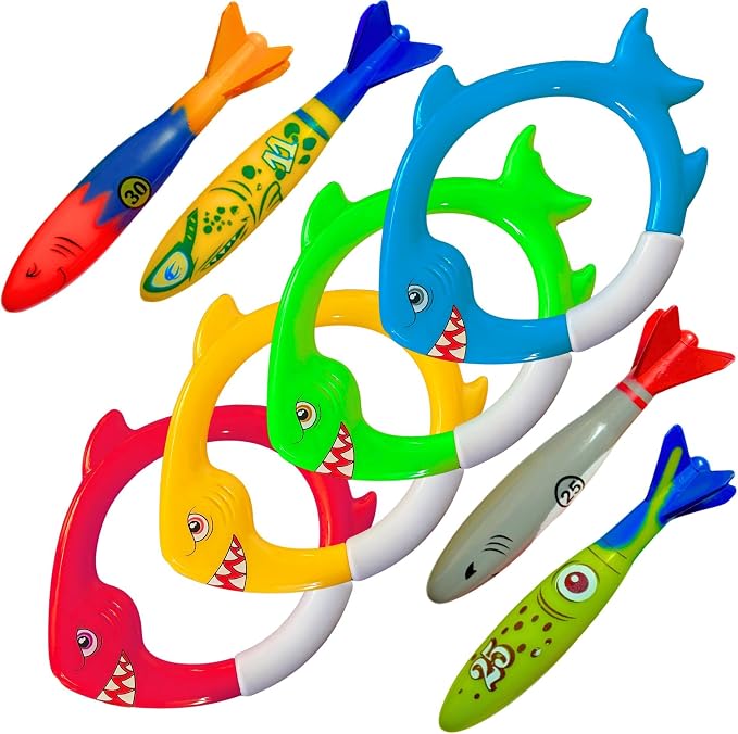 Haktoys Shark Dive Rings & Torpedo Pool Toys for Kids & Toddlers, Sinking Diving Toys for Swim Training, Underwater Pool Games with Fish Rings & Torpedoes, Summer Water Toys for Boys & Girls