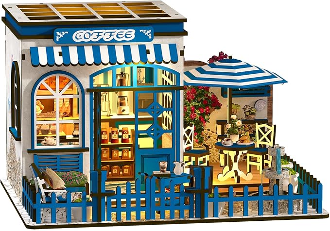 DIY Miniature House Kit, Coffee Shop Book Nook Kit, Mini Building Kit, Dollhouse Kit for Adults and Teens, 3D Wooden Puzzles with LED Light, Craft Kit for Family and Friends(Sunny Coffee Shop)
