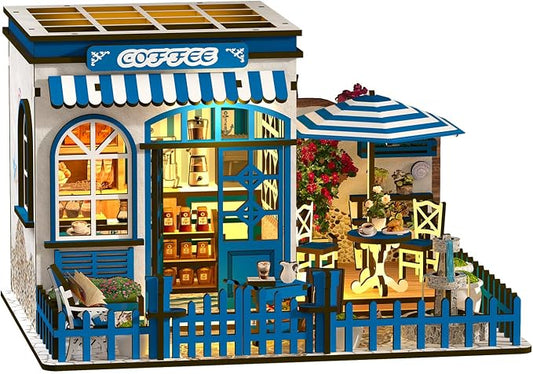 DIY Miniature House Kit, Coffee Shop Book Nook Kit, Mini Building Kit, Dollhouse Kit for Adults and Teens, 3D Wooden Puzzles with LED Light, Craft Kit for Family and Friends(Sunny Coffee Shop)