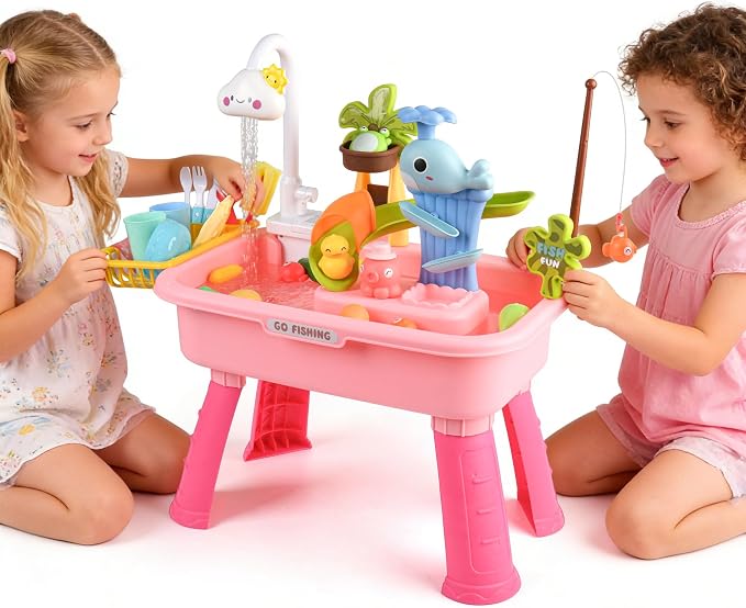Upgraded Toddler Sand Water Table Toy with Electric Water Pump, Kids Sand Water with Faucet/Play Food Accessories/Fishing Toy, Kitchen Play Sink Toys for Girl Boy Age 3+ (Pink)