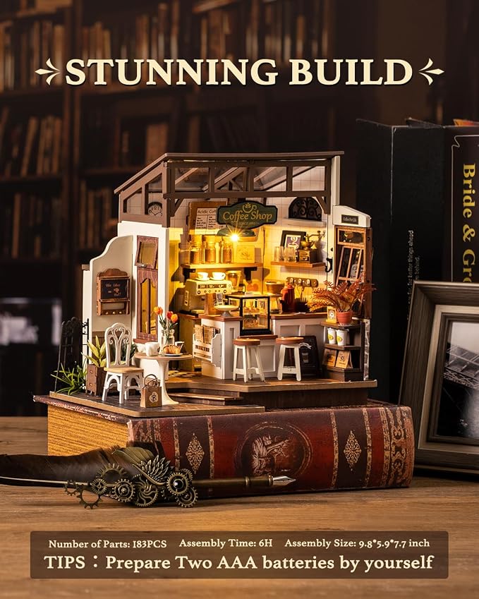 Rolife Miniature Dollhouse Kit, Coffee Shop Miniature Dollhouse Kits for Adults to Build, Wooden Mini House Model with LED Lights DIY Crafts Birthday Gifts and Hobbies Home Decor for Family Friends
