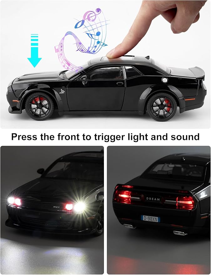 Compatible for 1/24 Dodge Challenger SRT Hellcat Car Model, Collectible Die-Cast Model Car with Lights and Sounds,Pull Back Car Toy for Adults Kids Birthday Gifts Decoration (Black)